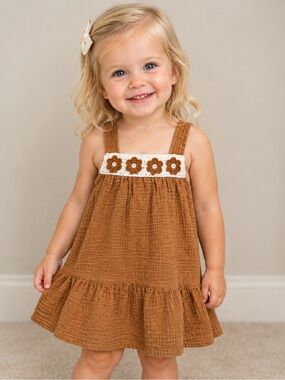 Adorable Tan Kids Dress with Floral Accents